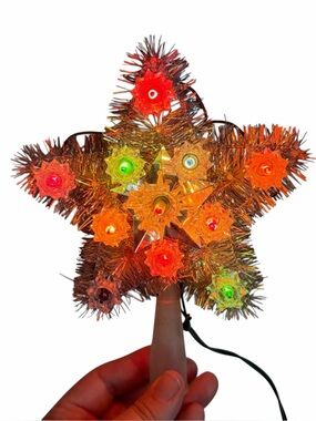 VTG MCM Silver Tinsel Blinking Light Star Tree Topper Multicolor Lights Works!